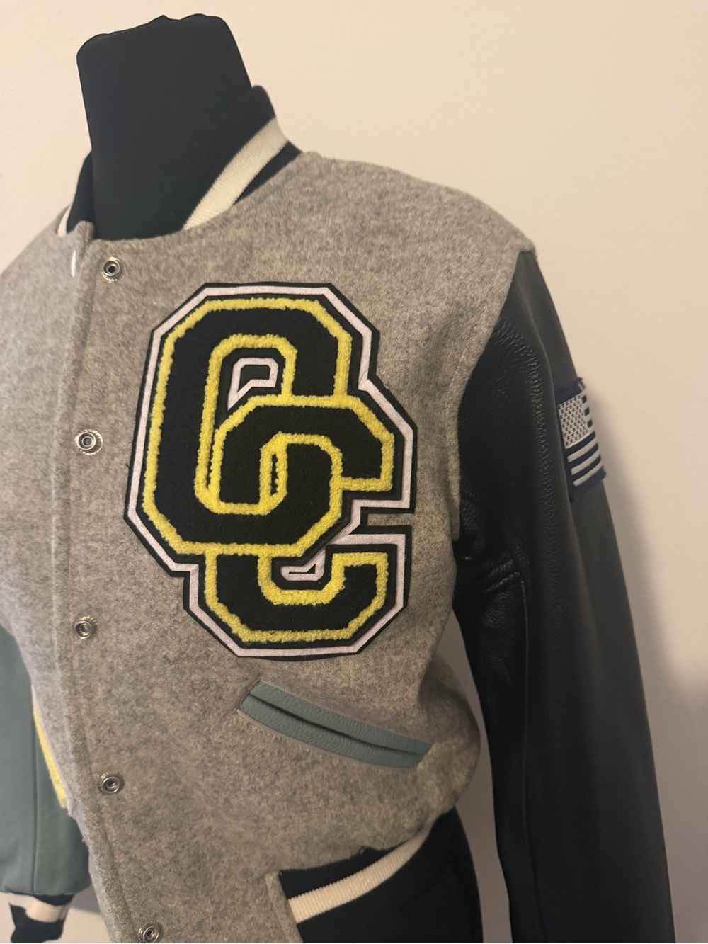 Opening Ceremony Grey & Black Letterman Jacket with Yellow OC Patch